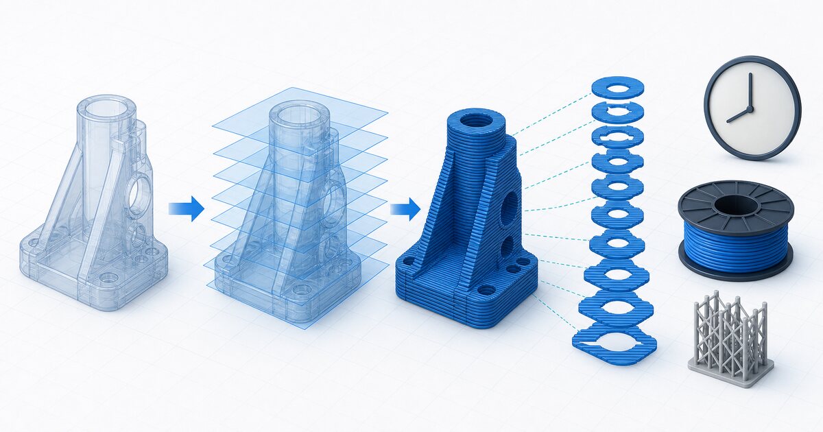 Model 3D przechodzący przez warstwy slicera wraz z symbolami czasu, materiału i podpór